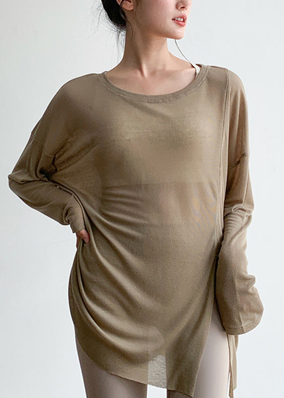 Loose Khaki O-Neck Thin Yoga Smock Top
