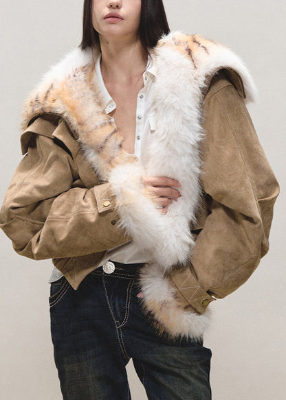Parka de ante sintético con bolsillos y cuello Peter Pan holgado de color caqui y mangas farol