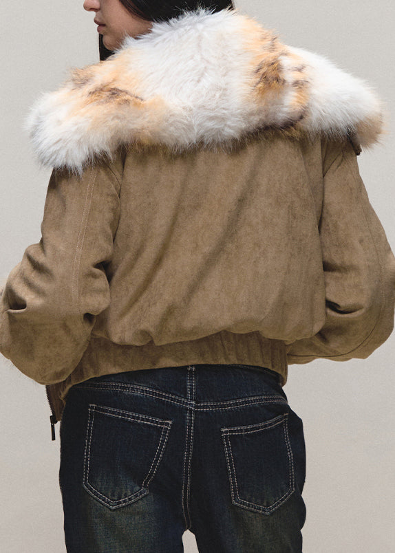 Parka de ante sintético con bolsillos y cuello Peter Pan holgado de color caqui y mangas farol