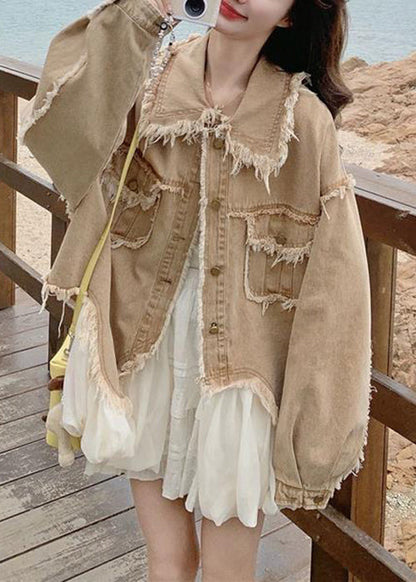 Abrigos vaqueros holgados de color caqui con cuello Peter Pan y bolsillos con bordes sin rematar para primavera