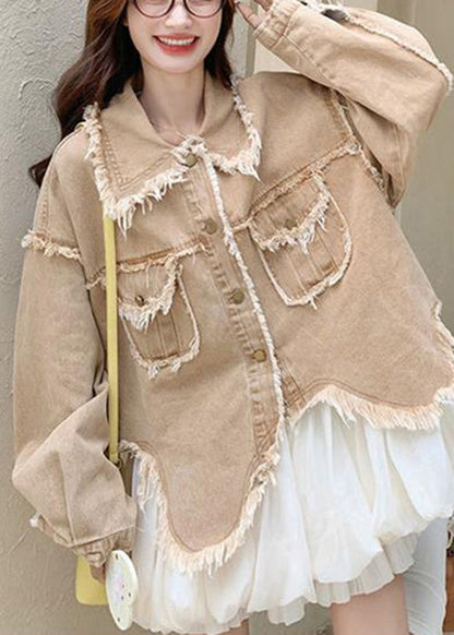 Abrigos vaqueros holgados de color caqui con cuello Peter Pan y bolsillos con bordes sin rematar para primavera