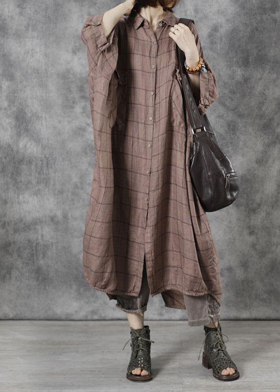 Loose Khaki PeterPan Collar Button Fall Dress Three Quarter Sleeve - SooLinen