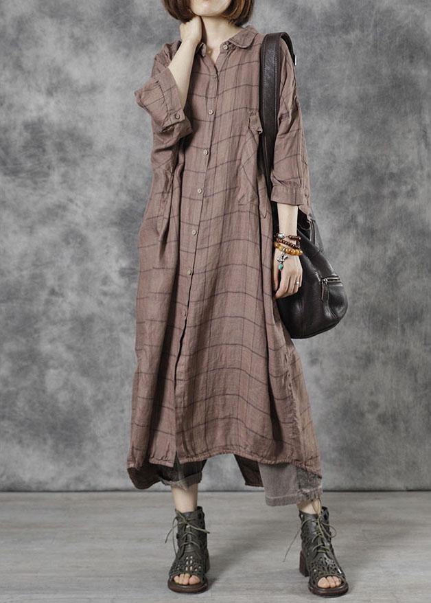 Loose Khaki PeterPan Collar Button Fall Dress Three Quarter Sleeve - SooLinen