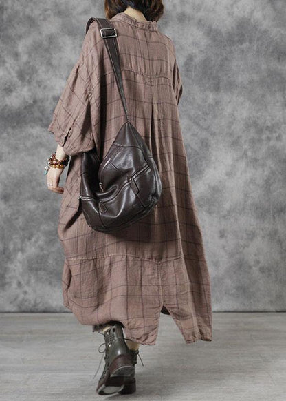 Loose Khaki PeterPan Collar Button Fall Dress Three Quarter Sleeve - SooLinen