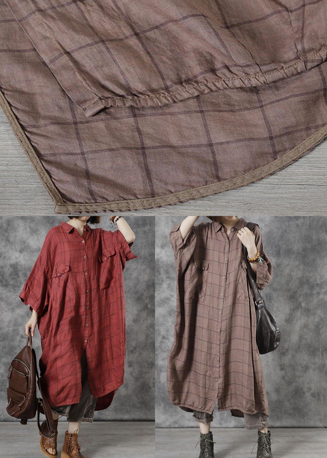 Loose Khaki PeterPan Collar Button Fall Dress Three Quarter Sleeve - SooLinen