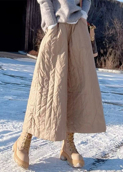 Pantalones anchos de algodón grueso con cintura elástica y bolsillos color caqui para invierno