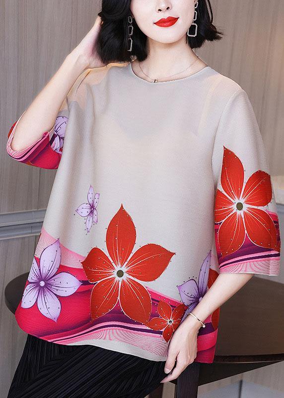 Loose Khaki Print O-Neck Half Sleeve Tops - SooLinen