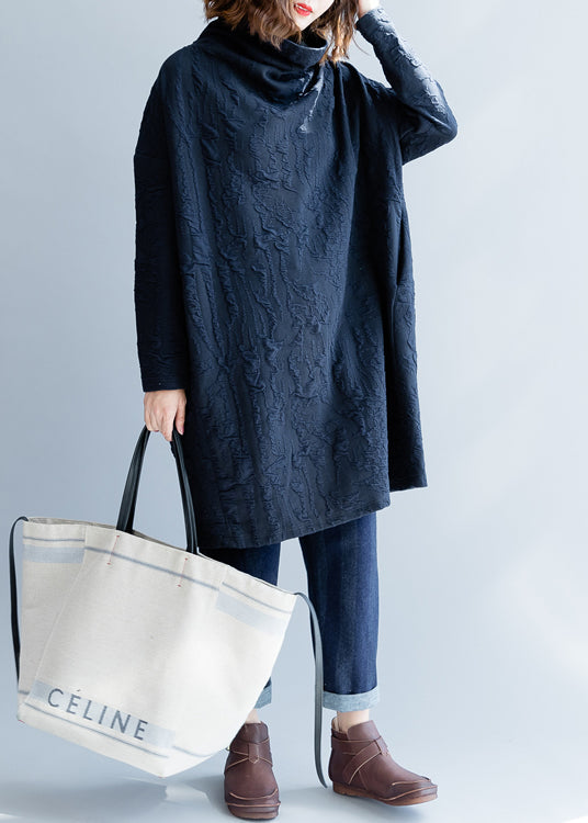 Lockeres Khaki Rollkragen Baumwollkleid Frühling