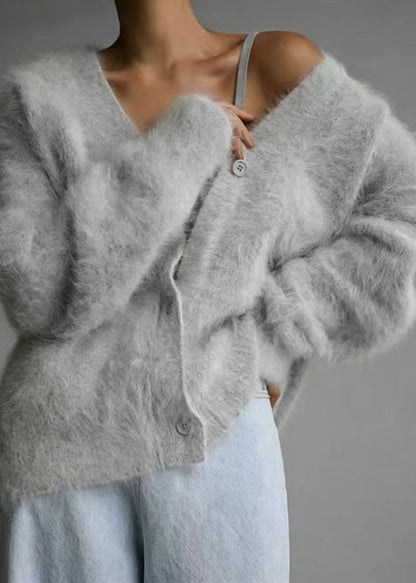 Loose Khaki V Neck Faux Mink Hair Knitted Cardigans Long sleeve
