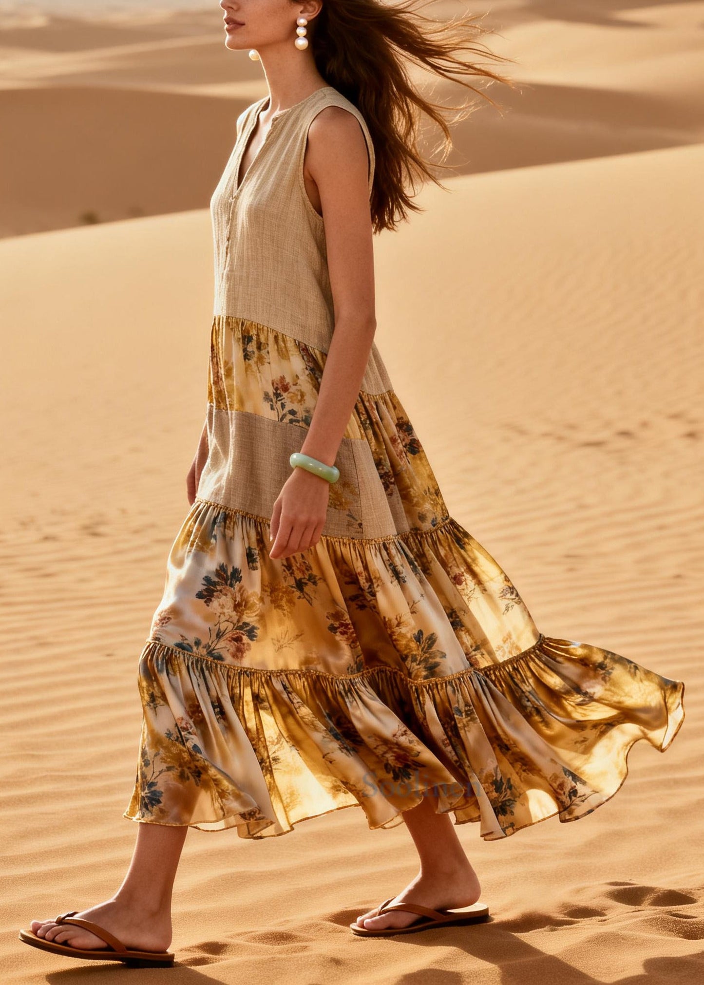 Loose Khaki V Neck Patchwork Linen Silk Maxi Dresses Summer