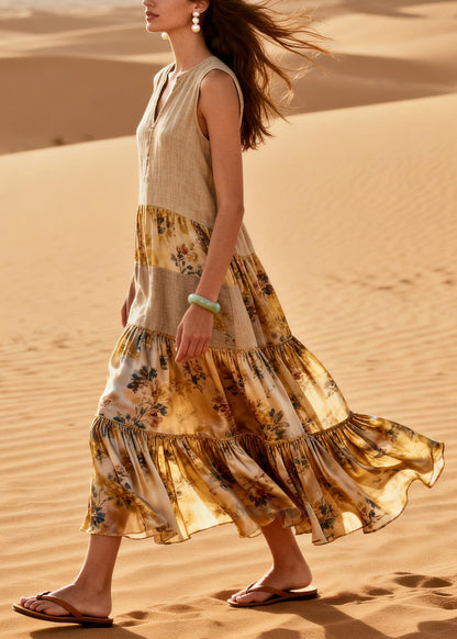Loose Khaki V Neck Patchwork Linen Silk Maxi Dresses Summer