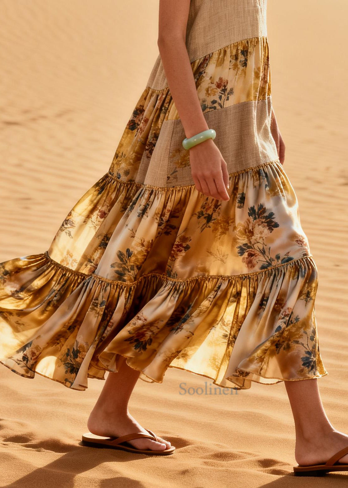 Loose Khaki V Neck Patchwork Linen Silk Maxi Dresses Summer