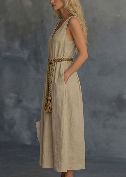 Loose Khaki V Neck Pockets Patchwork Cotton Dress Sleeveless