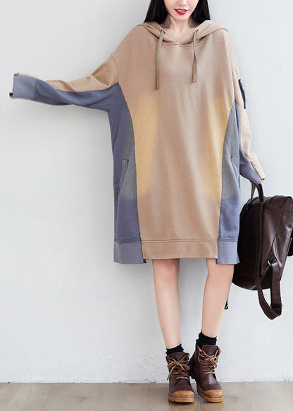 Lose Khaki mit Kapuze Asymmetrische Taschen Patchwork Sweatshirts Kleider Frühling