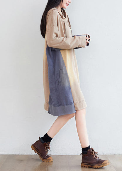 Lose Khaki mit Kapuze Asymmetrische Taschen Patchwork Sweatshirts Kleider Frühling