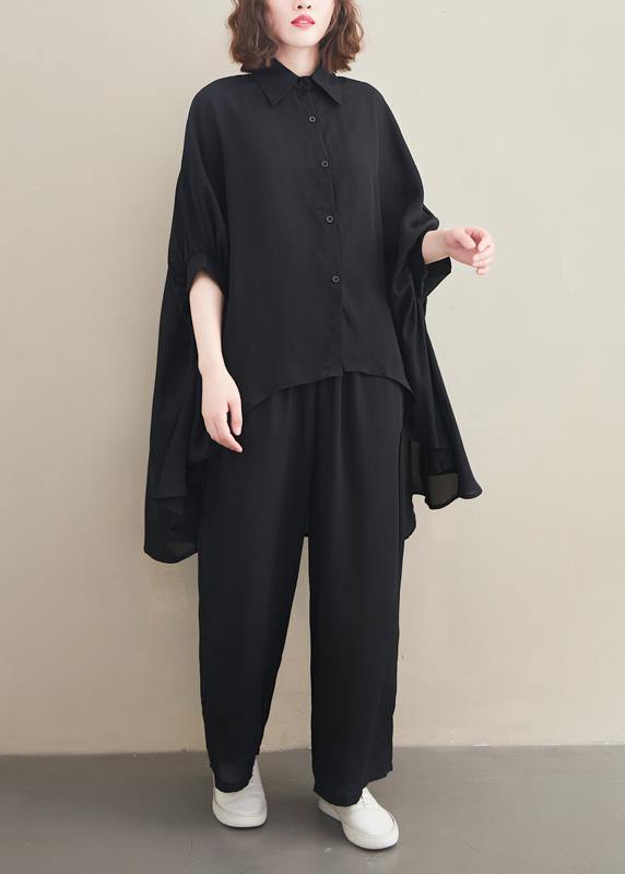 Loose Lapel Batwing Sleeve Spring Clothes Fabrics Black Tops - SooLinen