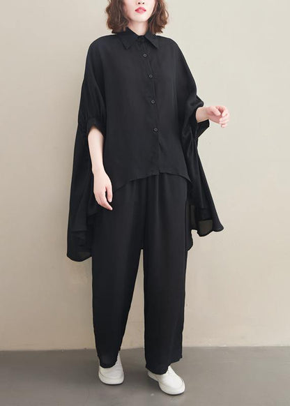Loose Lapel Batwing Sleeve Spring Clothes Fabrics Black Tops - SooLinen