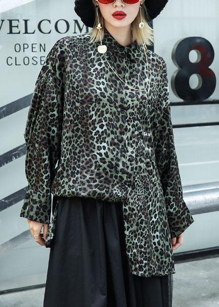 Loose Leopard cotton top silhouette long sleeve tunic fall top - SooLinen