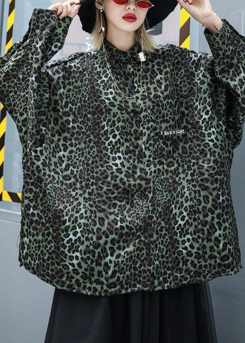 Loose Leopard cotton top silhouette long sleeve tunic fall top - SooLinen