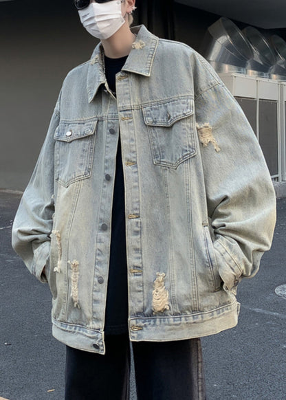 Loose Light Blue Peter Pan Collar Hole Pockets Denim Mens Coats Fall