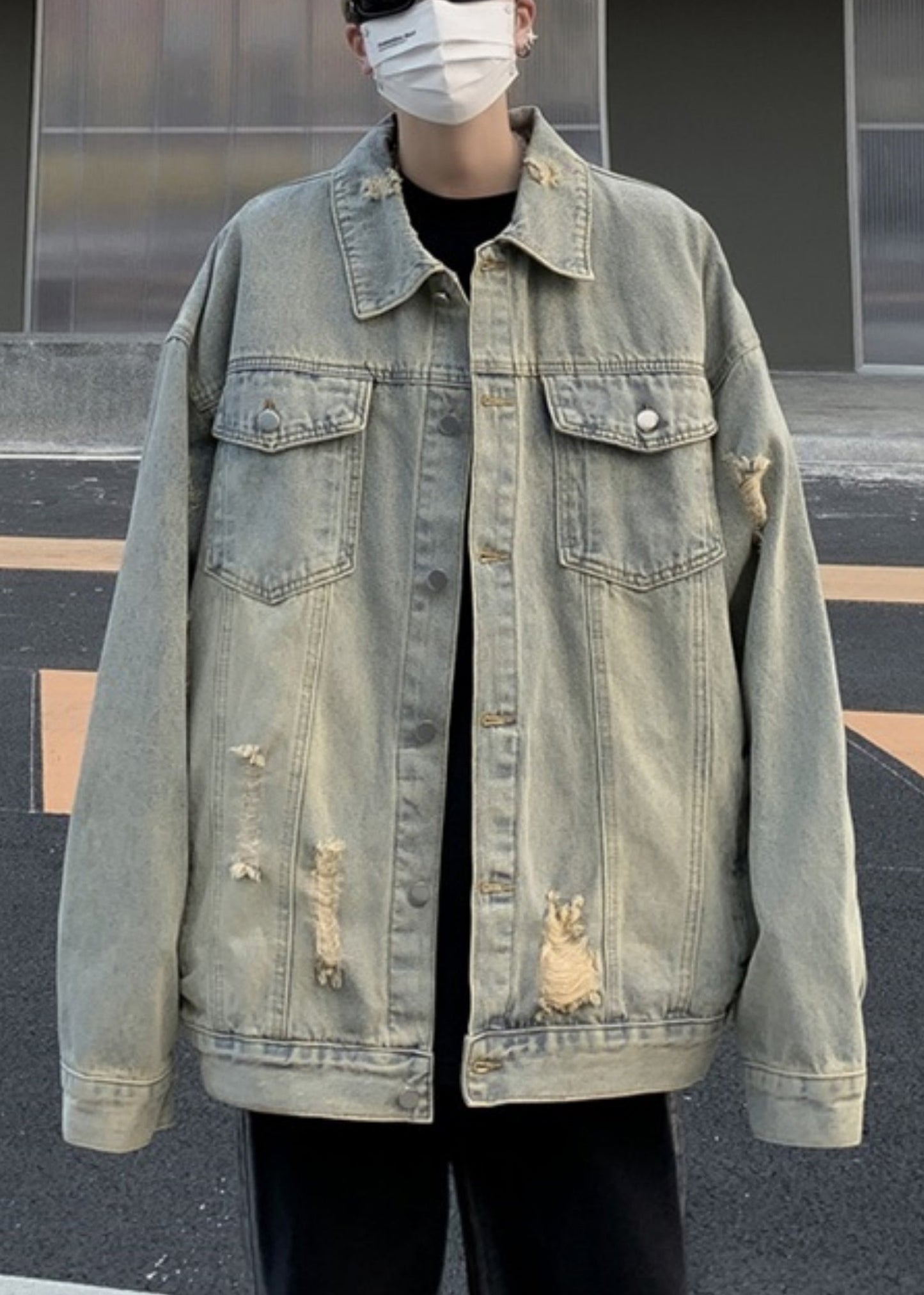 Loose Light Blue Peter Pan Collar Hole Pockets Denim Mens Coats Fall