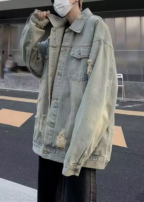 Loose Light Blue Peter Pan Collar Hole Pockets Denim Mens Coats Fall