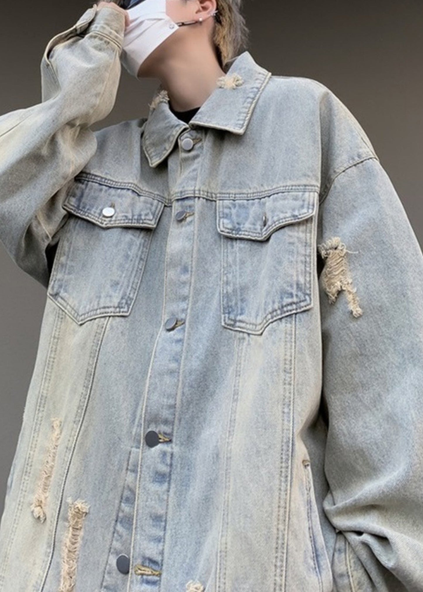 Loose Light Blue Peter Pan Collar Hole Pockets Denim Mens Coats Fall