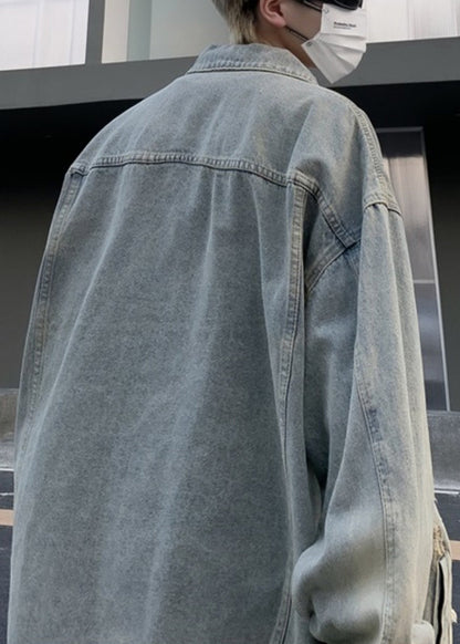 Loose Light Blue Peter Pan Collar Hole Pockets Denim Mens Coats Fall