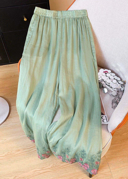 Loose Light Green Embroidered Elastic Waist Silk Pants Summer