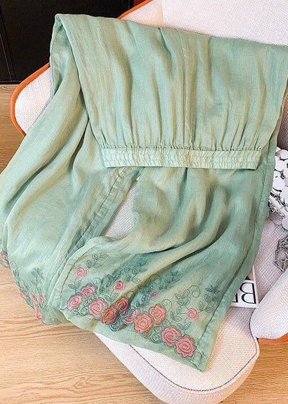 Loose Light Green Embroidered Elastic Waist Silk Pants Summer
