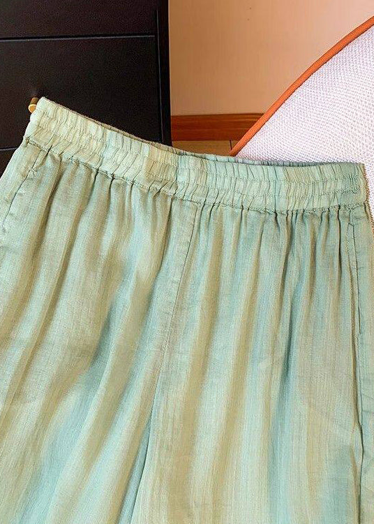 Loose Light Green Embroidered Elastic Waist Silk Pants Summer