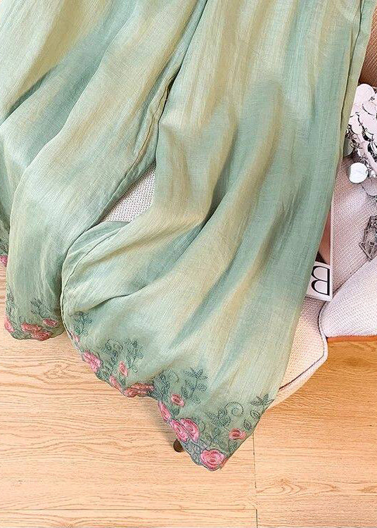 Loose Light Green Embroidered Elastic Waist Silk Pants Summer