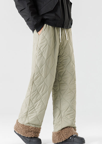 Pantalones de forro polar cálidos de retazos con cintura elástica y diseño original verde claro sueltos para invierno