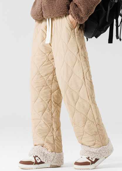 Pantalones de forro polar cálidos de retazos con cintura elástica y diseño original verde claro sueltos para invierno