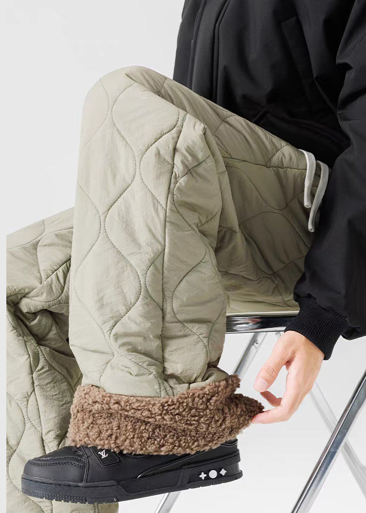 Pantalones de forro polar cálidos de retazos con cintura elástica y diseño original verde claro sueltos para invierno