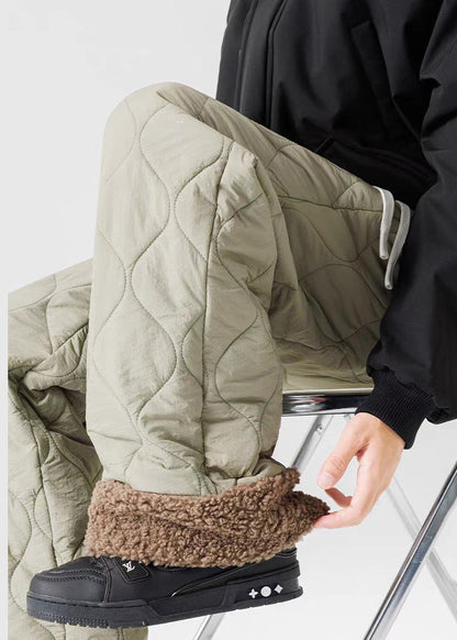 Pantalones de forro polar cálidos de retazos con cintura elástica y diseño original verde claro sueltos para invierno