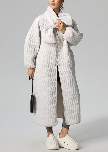 Lockeres, hellgraues Zweiteiler-Set aus Schal mit Knöpfen und langem Parka, gefüllt mit Baumwolle, für den Winter