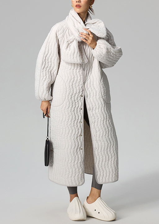 Loose Light Grey Button Scarf And Long Parka Cotton Filled Two Pieces Set Winter