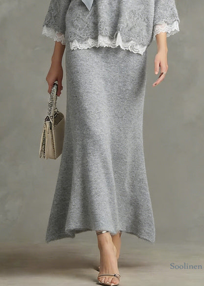Loose Light Grey Nail Bead Lace Patchwork Knit Two Piece Set Spring