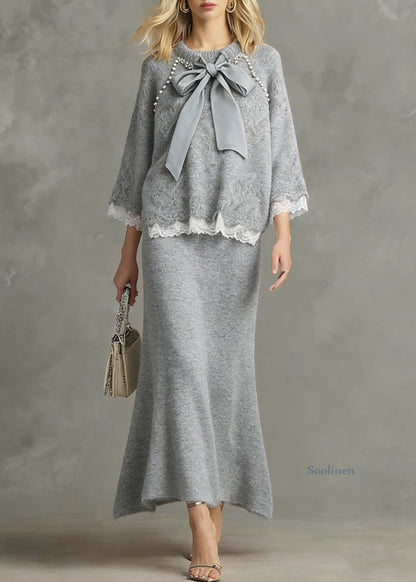 Loose Light Grey Nail Bead Lace Patchwork Knit Two Piece Set Spring