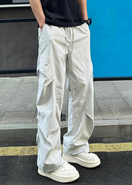 Loose Light Grey Pockets Elastic Waist Cotton Men Pants Summer