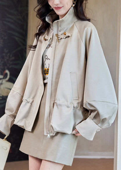 Loose Light Khaki Stand Collar Zippered Drawstring Cotton Coats Spring