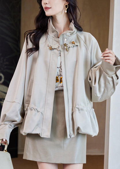 Loose Light Khaki Stand Collar Zippered Drawstring Cotton Coats Spring
