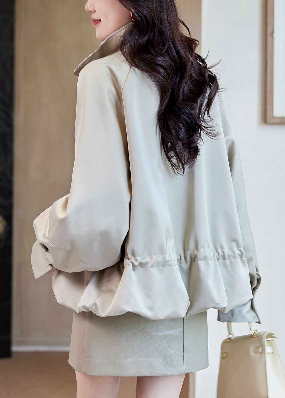 Loose Light Khaki Stand Collar Zippered Drawstring Cotton Coats Spring