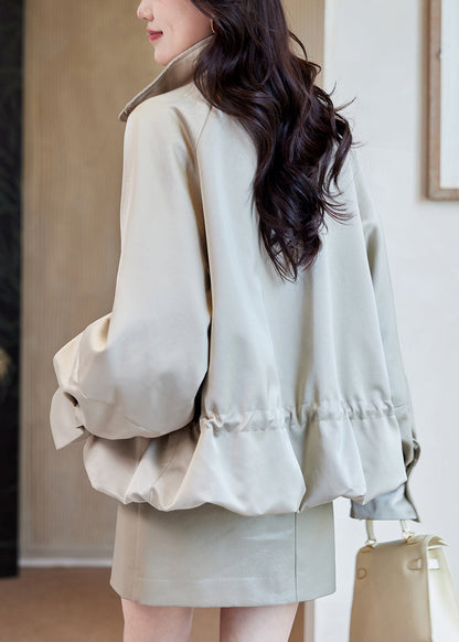 Loose Light Khaki Stand Collar Zippered Drawstring Cotton Coats Spring