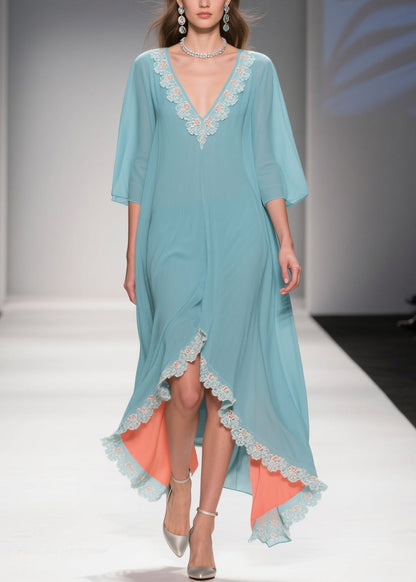 Loose Mint Green Blue Asymmetrical Lace Chiffon Dress Half Sleeve
