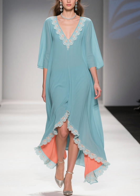 Loose Mint Green Blue Asymmetrical Lace Chiffon Dress Half Sleeve