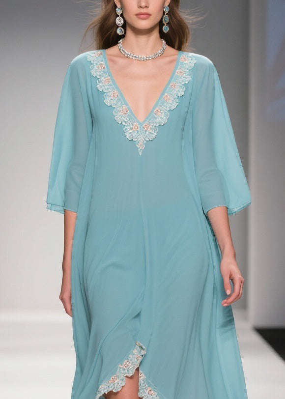 Loose Mint Green Blue Asymmetrical Lace Chiffon Dress Half Sleeve
