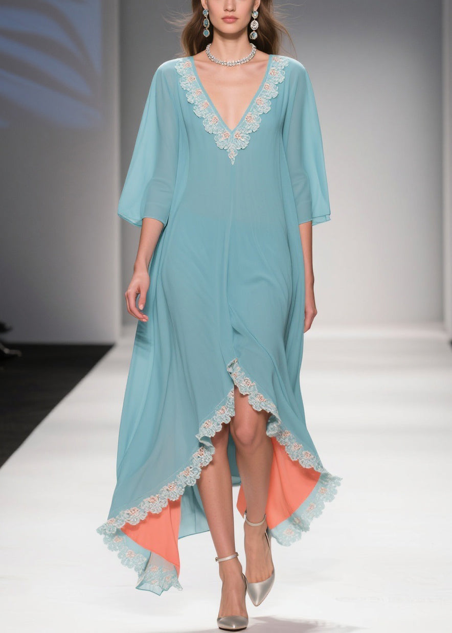 Loose Mint Green Blue Asymmetrical Lace Chiffon Dress Half Sleeve