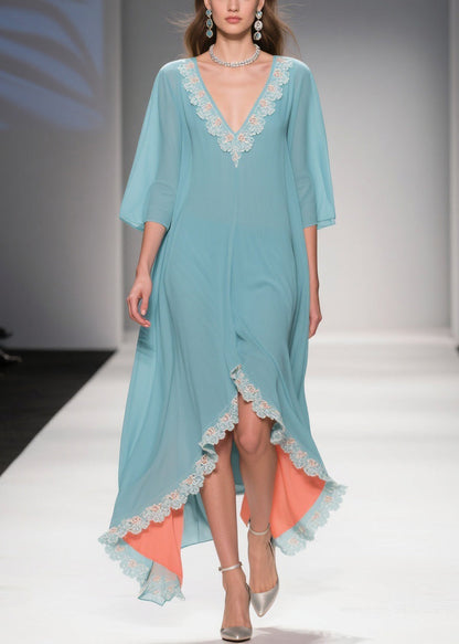 Loose Mint Green Blue Asymmetrical Lace Chiffon Dress Half Sleeve